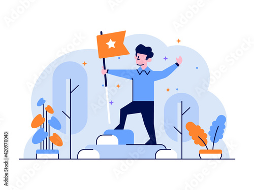 Vector Illustration Business Achievement Victory Peak point winner best holding flag nature stars flat and outline design style