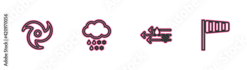 Set line Tornado, Wind and rain with snow, Cloud and Cone windsock wind vane icon. Vector