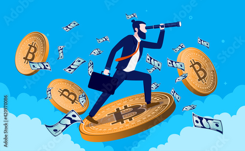 Bitcoin trader looking for opportunities - Businessman standing on flying bitcoins with binocular, analysing and looking for a good trade. Crypto currency finance concept. Vector illustration.