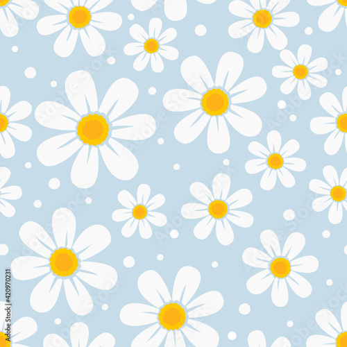 Seamless pattern with daisy flower on blue background vector illustration.