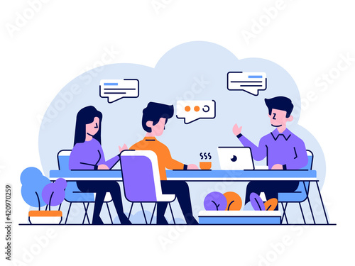 Vector Illustration Business and finance team discussion of meeting to solve problems strategy idea brainstorming flat and outline design style