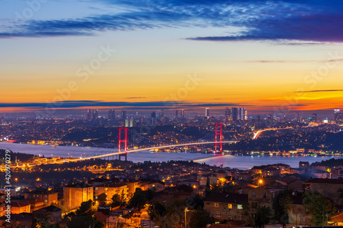 The Bosphorus bridge and the skyline of Istanbul at sunset