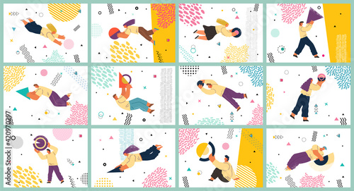 People flying in abstract imaginary space organizing geometric shapes. Teamwork concept scenes set