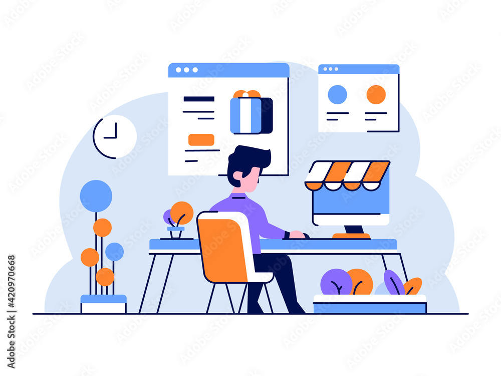 Vector Illustration ecommerce a man choose goods and buy stuff in marketplace transaction online shopping flat and outline design style Vector Illustration ecommerce a man choose goods and buy stuff in marketplace transaction online shopping flat and outline design style
