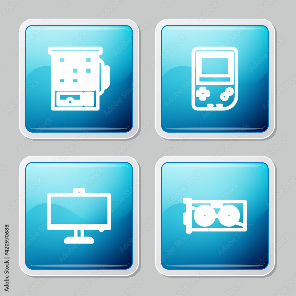 Set line Slot machine, Portable video game console, Computer monitor and Video graphic card icon. Vector Set line Slot machine, Portable video game console, Computer monitor and Video graphic card icon. Vector