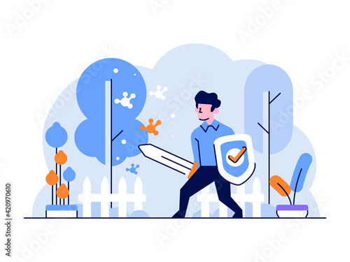 Vector Illustration Business tech technology man protection protect from viruses shielding defending safe internet flat and outline design style