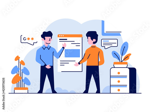 Vector Illustration Business two people offer presentation deal apps flat and outline design style
