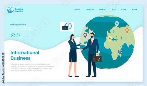 Website landing page template. International business concept. Planet with colorful map marks