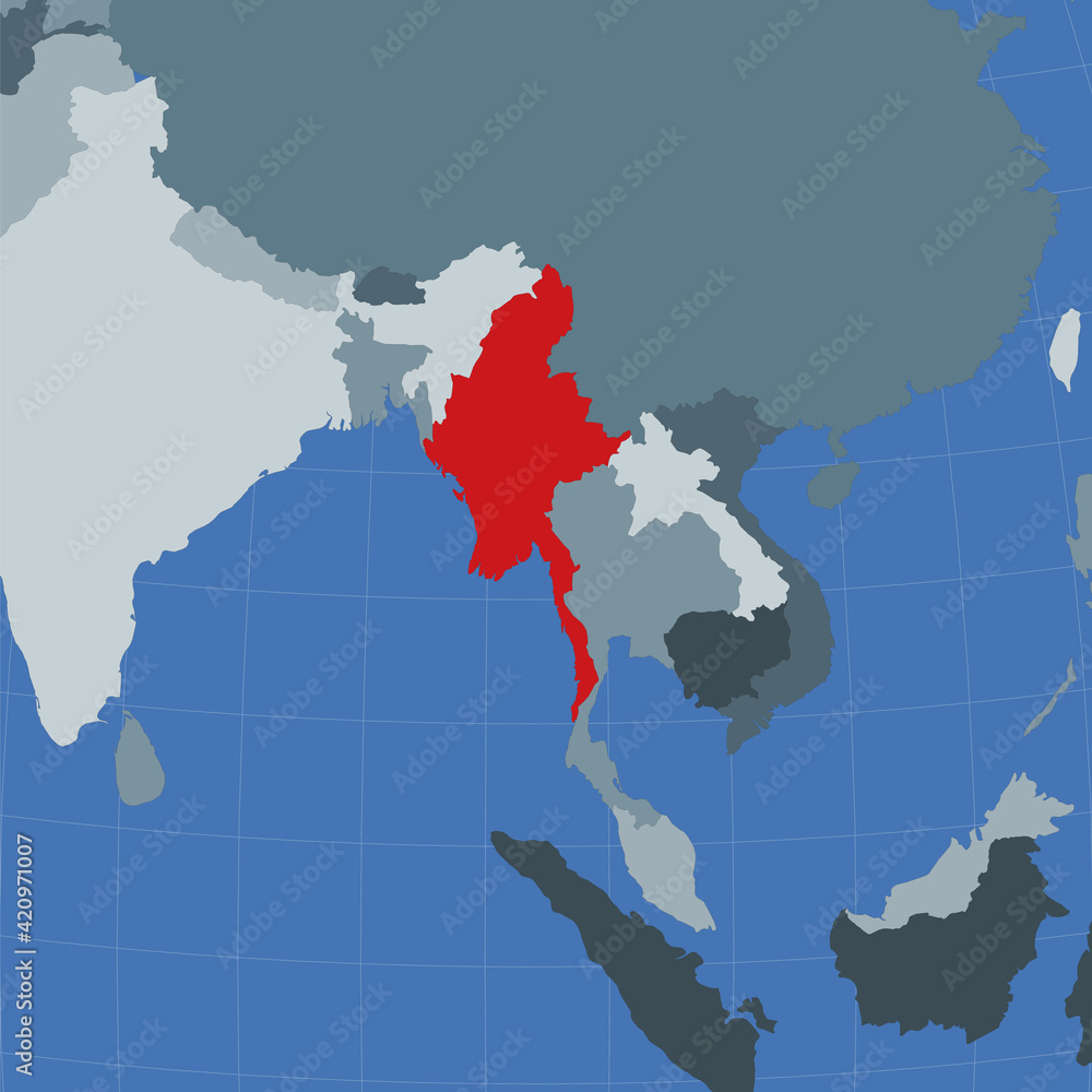 Fototapeta premium Shape of Myanmar highlighted in red on a world map, showing its location in relation to neighboring countries. Vector illustration.