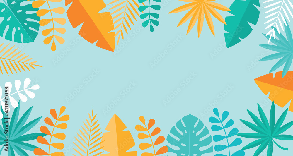 Simple Tropical Palm and Motstera Leaves Natural Blue Background. Vector Illustration