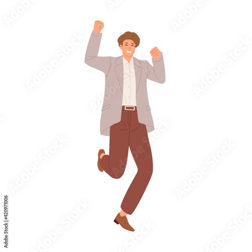 Happy smiling man jumping from joy and celebrating success in businesses. Lucky businessman enjoying his achievements. Colored flat vector illustration of excited guy isolated on white background