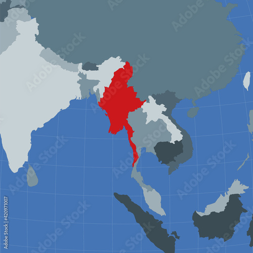 Shape of the Myanmar in context of neighbour countries. Country highlighted with red color on world map. Myanmar map template. Vector illustration.