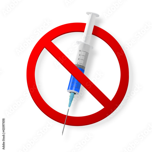 Syringe sign in red forbidden sign isolated on white background. Vector illustration.