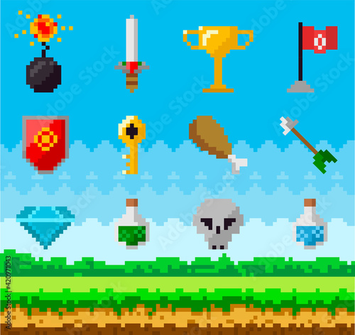 Pixel art game background with reward object in air. Pixel game scene with grass platform and awards
