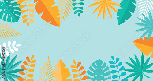 Simple Tropical Palm and Motstera Leaves Natural Blue Background. Vector Illustration