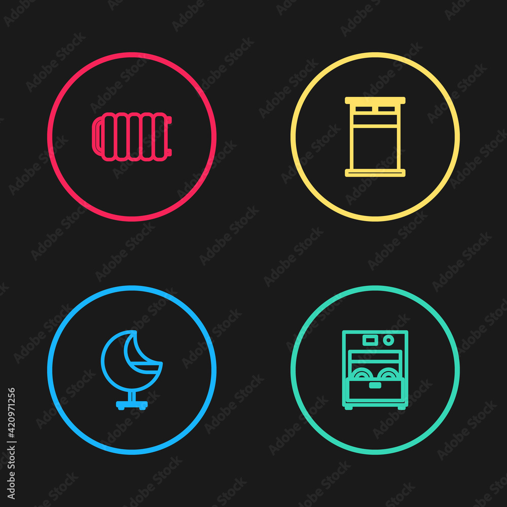 Set line Armchair, Kitchen dishwasher machine, Big bed and Heating radiator icon. Vector Set line Armchair, Kitchen dishwasher machine, Big bed and Heating radiator icon. Vector