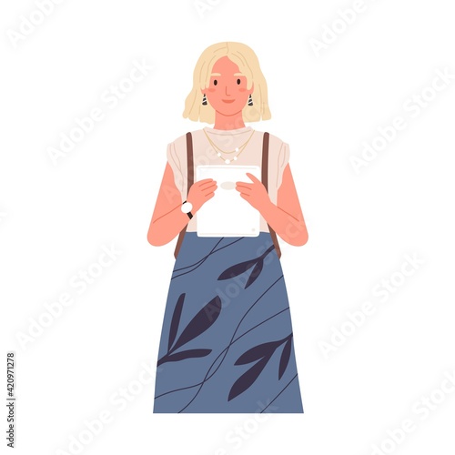 Portrait of happy modern female student holding tablet PC. Smiling Scandinavian woman isolated on white background. Colored flat vector illustration of woman in trendy casual clothing