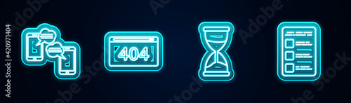 Set line Chat messages on mobile, Page with 404 error, Hourglass and Create account screen. Glowing neon icon. Vector