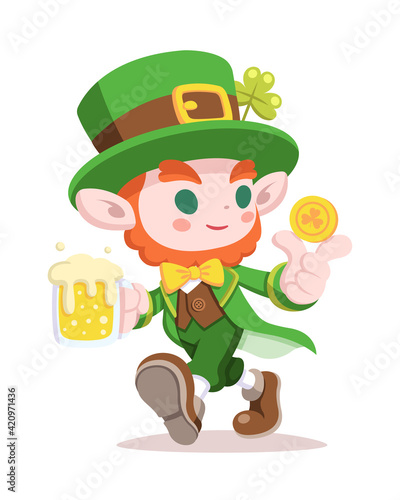 Cute style Leprechaun holding beer glass and gold coin cartoon illustration
