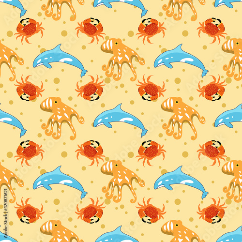 Sea creatures vector repeat pattern on yellow background