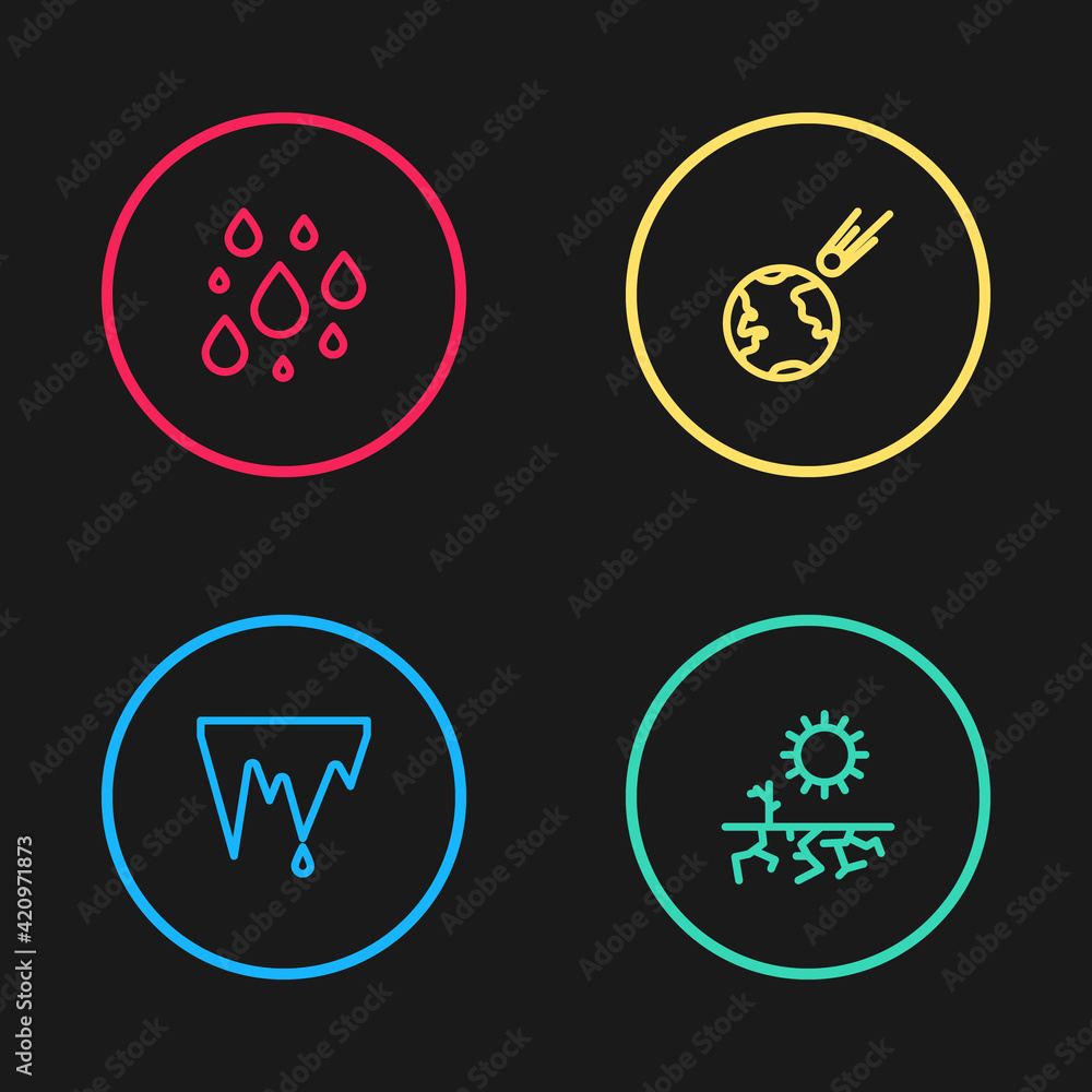 Set line Icicle, Drought, Comet falling down fast and Water drop icon. Vector Set line Icicle, Drought, Comet falling down fast and Water drop icon. Vector