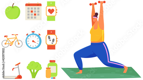 Overweight person uses dumbbells to lose weight. Calorie counter symbols, pedometer, natural food