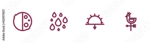 Set line Eclipse of the sun, Sunset, Water drop and Rooster weather vane icon. Vector