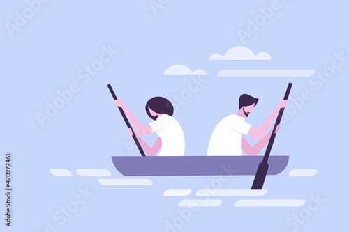 A couple rowing a canoe in opposite directions. Concept illustration for personal conflicts