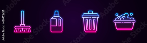 Set line Handle broom, Fabric softener, Trash can and Plastic basin with soap suds. Glowing neon icon. Vector