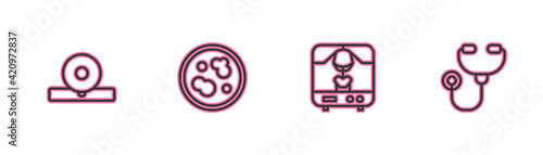 Set line Otolaryngological head reflector, X-ray machine, Petri dish with bacteria and Stethoscope icon. Vector
