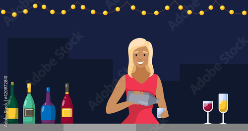 Outdoor bar at night. Girl with shaker pouring cocktail. Woman with drinks is working in bar