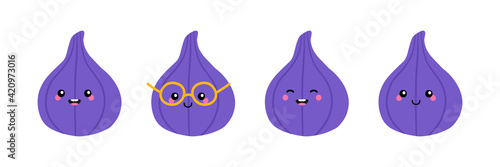 Set, collection of cute and smiling cartoon style fig fruit characters for cooking, healthy food and vegan lifestyle design.
