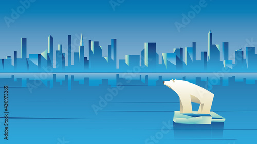 Polar bear on an ice floe with city skyline, global warming concept illustration

