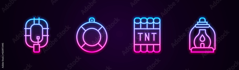Set line Inflatable boat, Lifebuoy, Detonate dynamite bomb stick and Camping lantern. Glowing neon icon. Vector Set line Inflatable boat, Lifebuoy, Detonate dynamite bomb stick and Camping lantern. Glowing neon icon. Vector