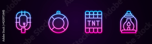 Set line Inflatable boat, Lifebuoy, Detonate dynamite bomb stick and Camping lantern. Glowing neon icon. Vector