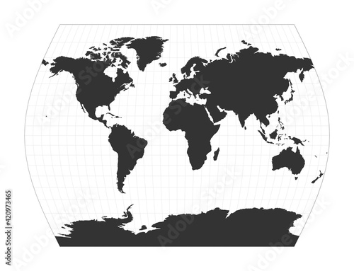 Map of the world. John Muir's Times projection. Globe with latitude and longitude net. World map on meridians and parallels background. Vector illustration.
