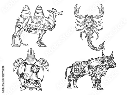 Fototapeta Naklejka Na Ścianę i Meble -  Mechanical animal set sketch raster illustration