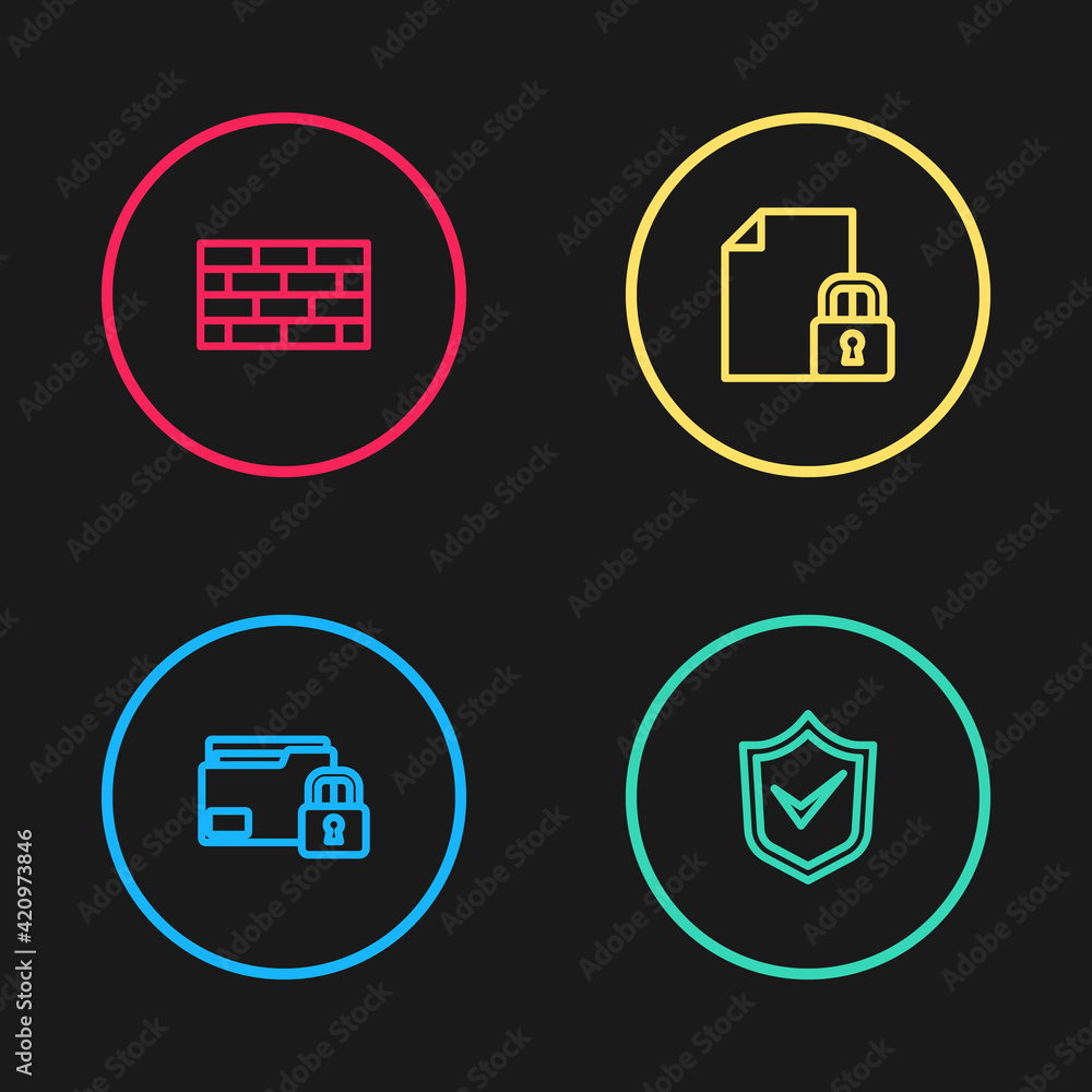 Set line Folder and lock, Shield with check mark, Document and Firewall, security wall icon. Vector Set line Folder and lock, Shield with check mark, Document and Firewall, security wall icon. Vector