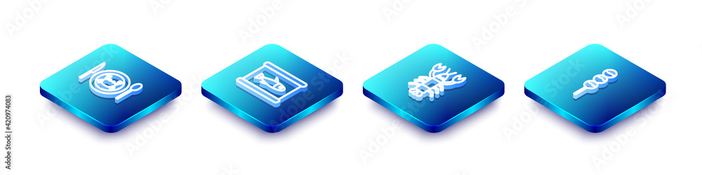 Set Isometric line Served crab on a plate, Canned fish, Lobster and Takoyaki stick icon. Vector Set Isometric line Served crab on a plate, Canned fish, Lobster and Takoyaki stick icon. Vector