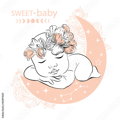 Portrait of a newborn baby and flowers sleep on the moon. Vector one line illustration. Modern trend. Motherhood, happy family