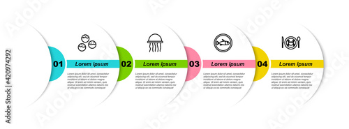 Set line Takoyaki, Jellyfish, Served on plate and crab. Business infographic template. Vector