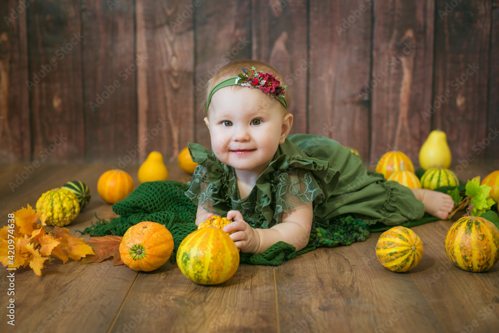 Fototapeta premium Cute little girl up to 1 year old in a green cute dress and a floral wreath with small yellow and orange pumpkins on a brown wooden background