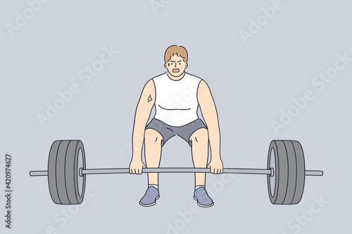 Powerlifting, sport lifestyle, weight lifting concept. Aggressive strong muscular man in sportswear doing deadlift Exercise during workout vector illustration 