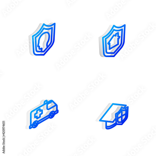 Set Isometric line House with shield, Life insurance, Emergency car and Graduation cap icon. Vector © vector_v