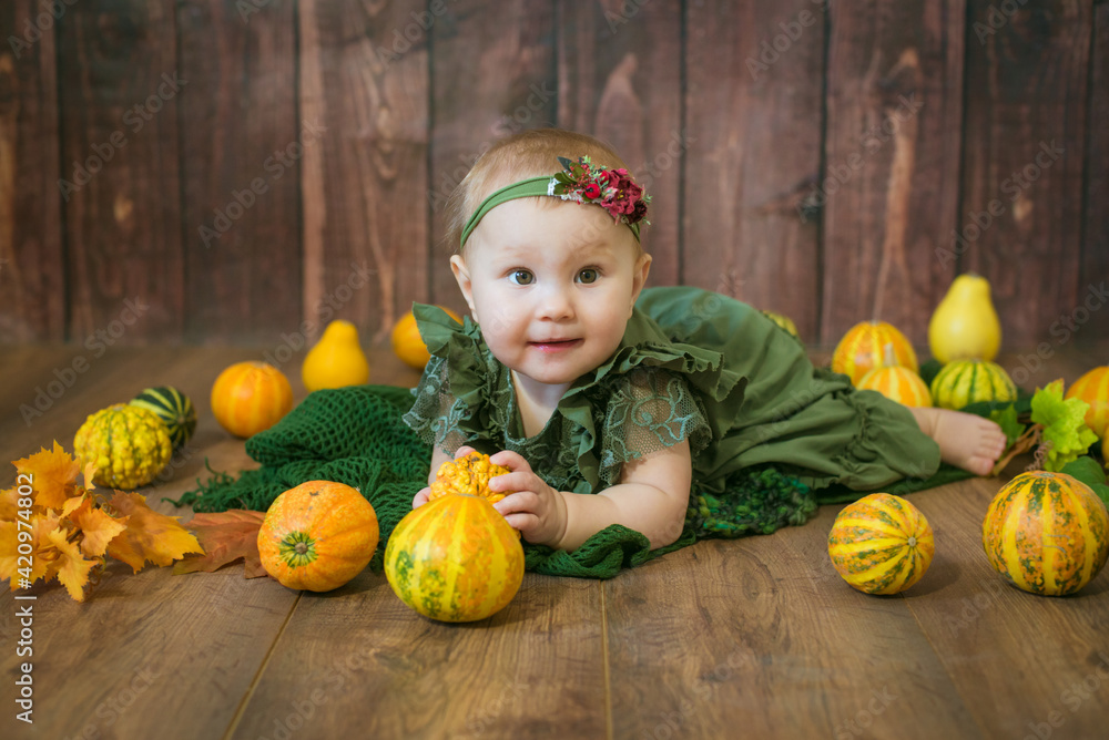 Fototapeta premium Cute little girl up to 1 year old in a green cute dress and a floral wreath with small yellow and orange pumpkins on a brown wooden background