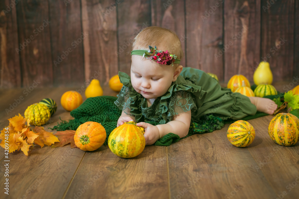 Fototapeta premium Cute little girl up to 1 year old in a green cute dress and a floral wreath with small yellow and orange pumpkins on a brown wooden background