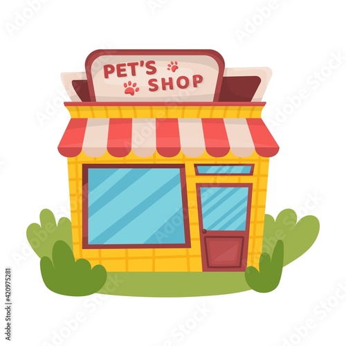Pet shop building with banner and grass. Vector illustration.