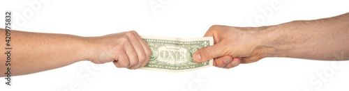 Men hand holding and giving dollar to woman