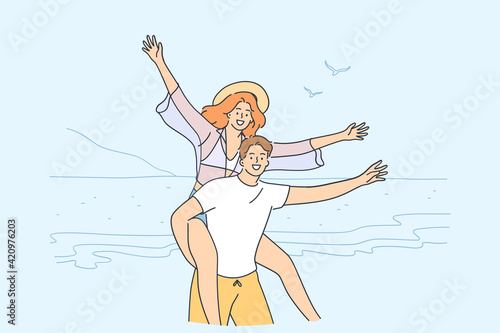 Traveling, enjoying vacations together, couple concept. Happy couple cartoon characters having fun together on seaside on beach during trip vector illustration 