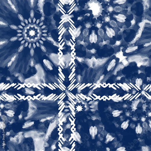 Seamless pattern Shibori in Indigo color. Digital Quilting Arts. Tie-dye. Tied and dyed - is a manual resist dyeing technique, of Japanese artisan design which produces patterns on fabric